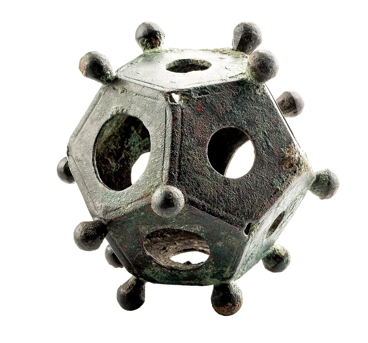 Bronze Roman dodecahedron found at Tongeren in 1939, with round holes and corner knobs