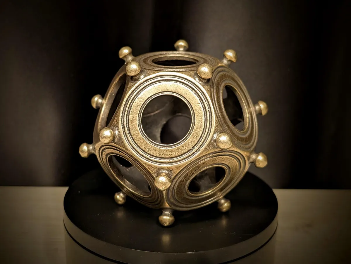 Cast dodecahedron standing on a corner knob